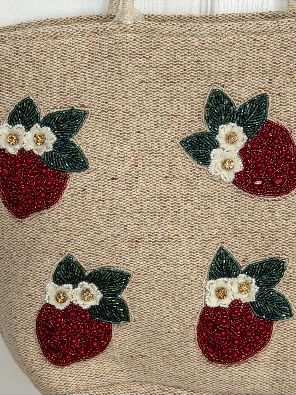 Made in India Tote Bag with Red Strawberry Embellishments - Picture 3 of 8